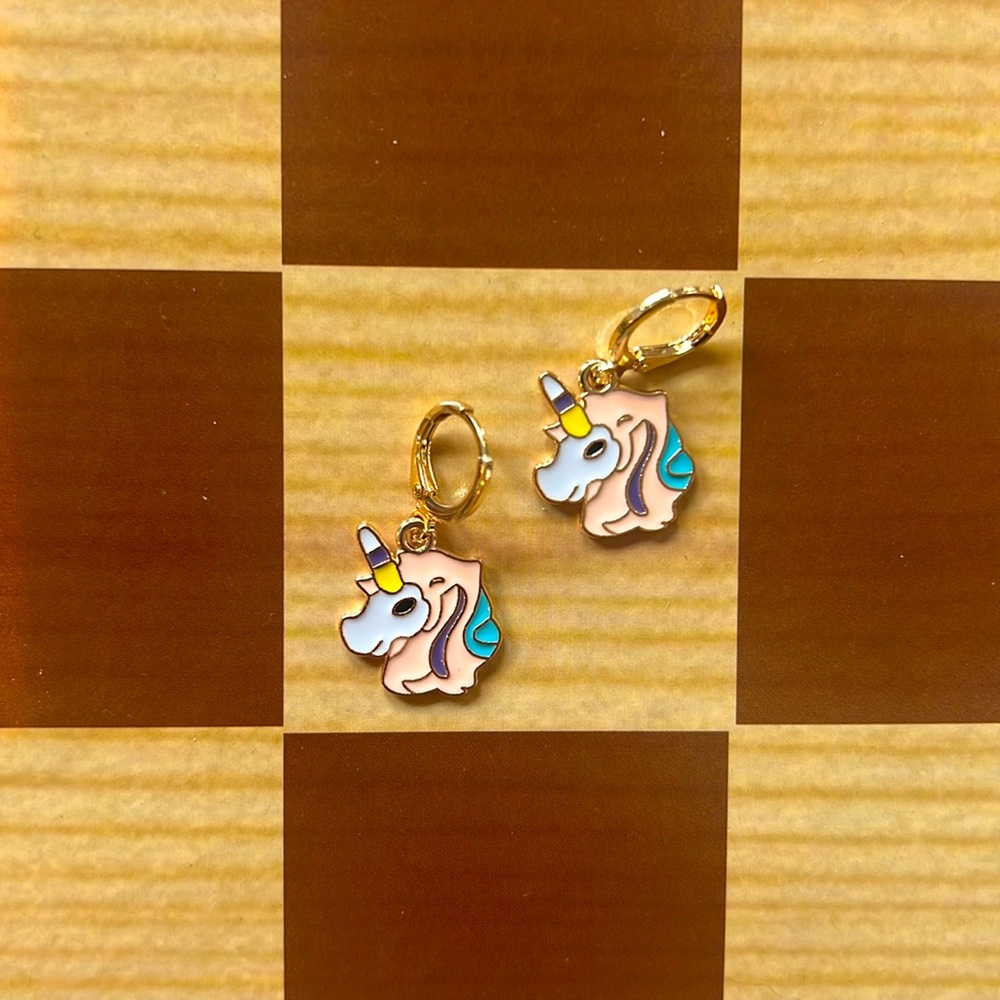 Gold plated unicorn dangle earrings